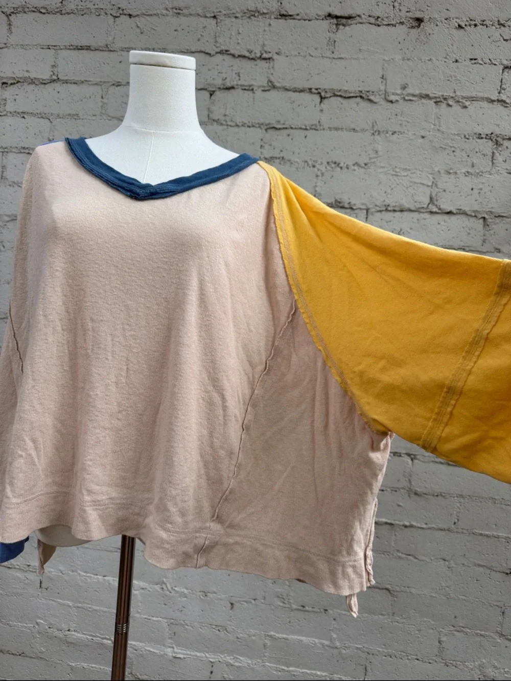 Free People We The Free Care FP Tri Color Tee Cream Blue Yellow Size XS